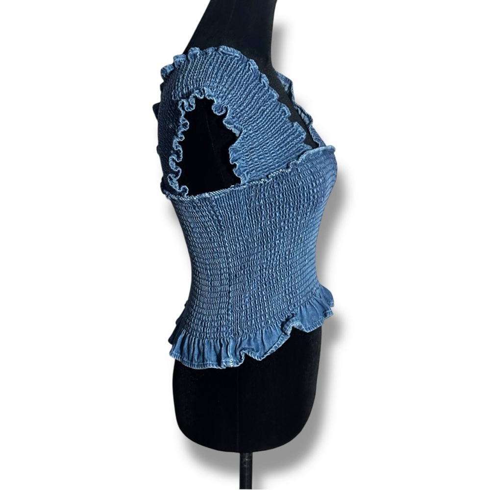 Unbranded Funky Denim Blue Smocked Women's Sleeveless Cropped Rouched Top - Picture 3 of 16